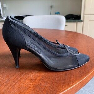 STUART WEITZMAN VTG Black Satin Pumps Women 7B Beaded Mesh Sheer 80s Pointed Toe
